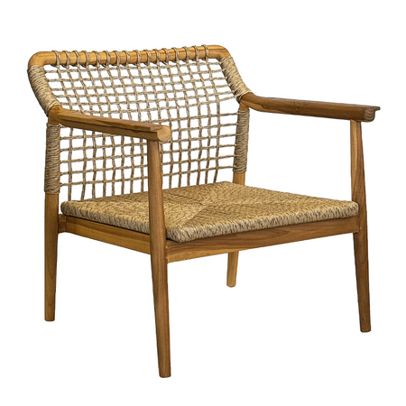 Wooden armchair with woven backrest and seat on a white background