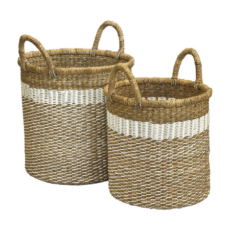 Two woven baskets with white stripes on a white background