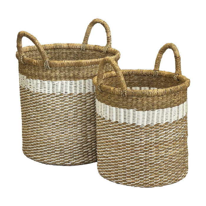 Two woven baskets with white stripes on a white background