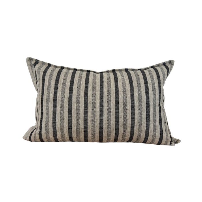 Striped pillow with black and gray horizontal lines on a white background