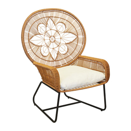 Wicker chair with floral pattern on a white background