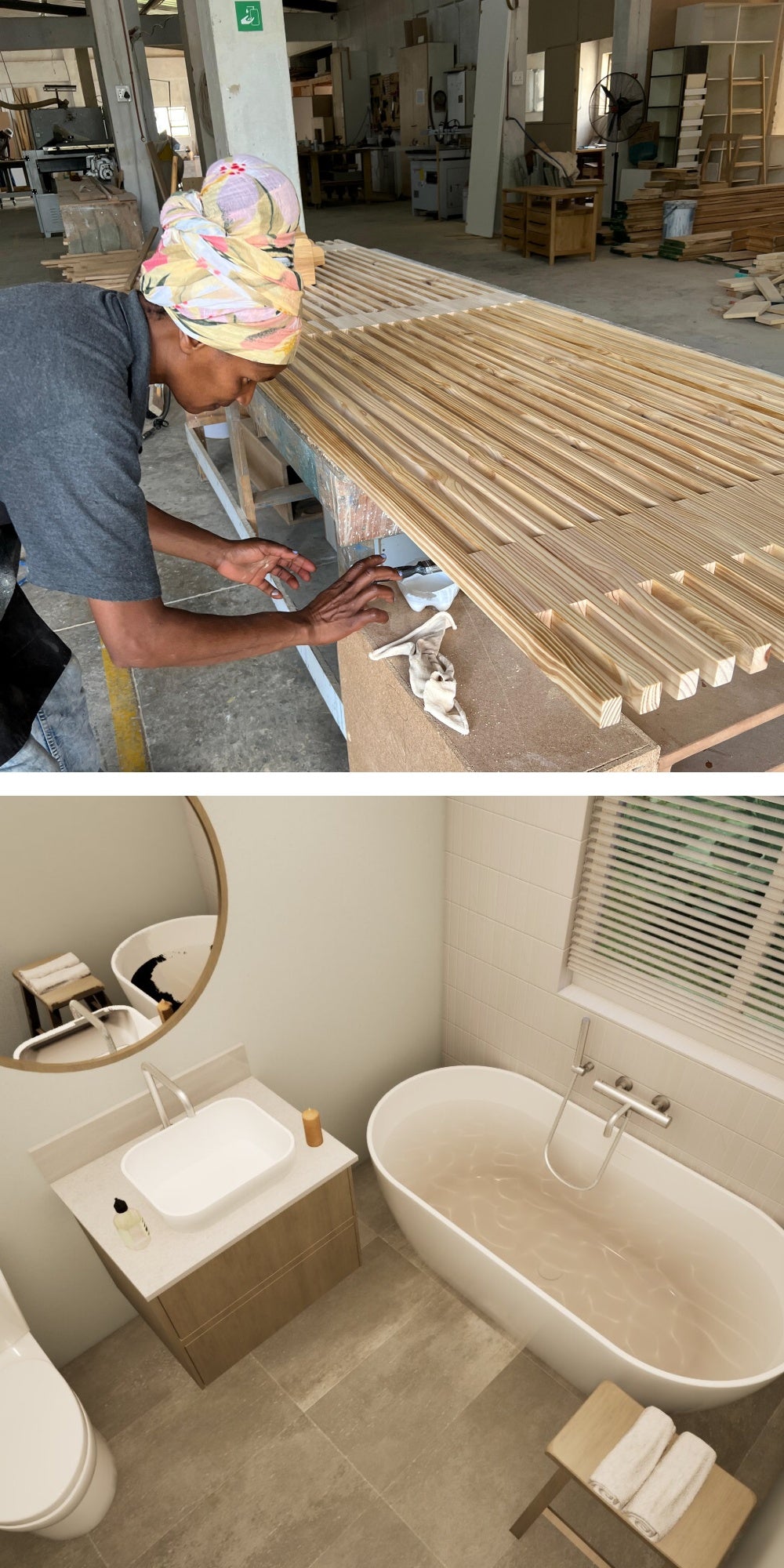 Urban Yuppi artisan carpentry workshop assembly alongside a bespoke minimalist bathroom vanity installation