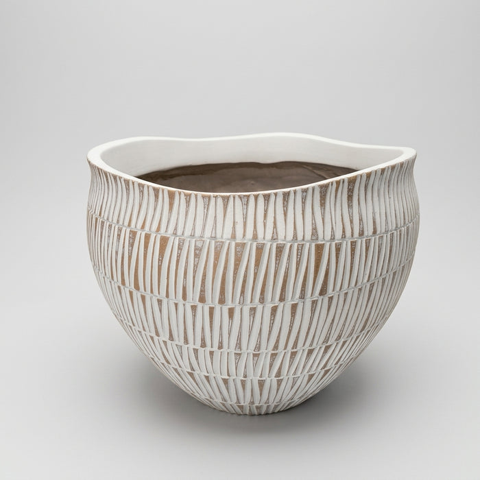 A wide, rounded polyresin planter pot with a wavy rim, decorated in an embossed white and earthy brown geometric stripe pattern.