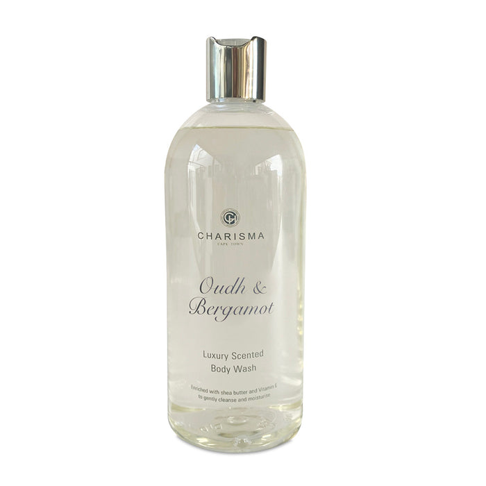 Charisma Oudh & Bergamot Luxury Scented Body Wash filled with a pale, translucent liquid.