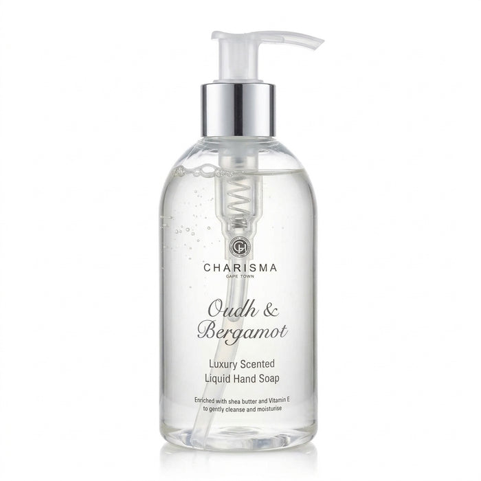 Charisma Oudh & Bergamot Luxury Scented Liquid Hand Soap filled with a clear gel.
