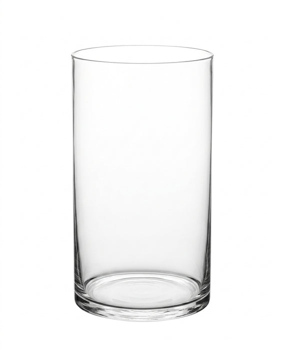 A clear glass cylinder vase featuring a wide, straight-sided cylindrical silhouette.
