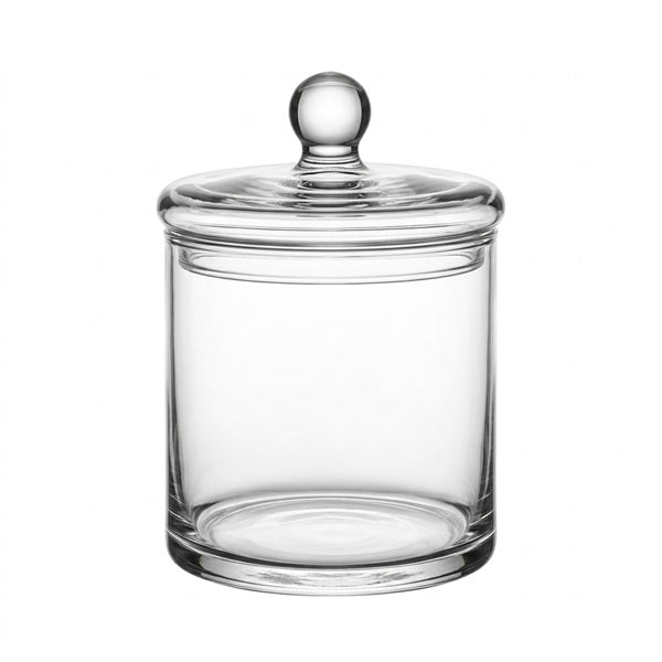 A clear glass storage jar featuring a straight-sided cylindrical body and a matching glass lid with a round knob handle.