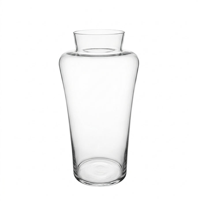 A tall, transparent cylindrical jar glass vase with a slightly flared rim.
