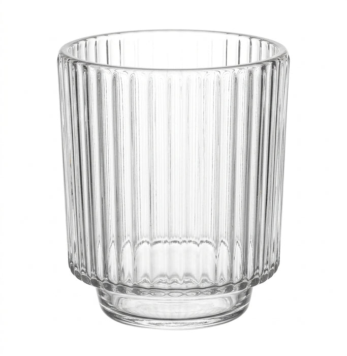 A transparent glass planter featuring a distinctive wide ribbed design with vertical lines, tapering slightly down into a small, smooth circular base.