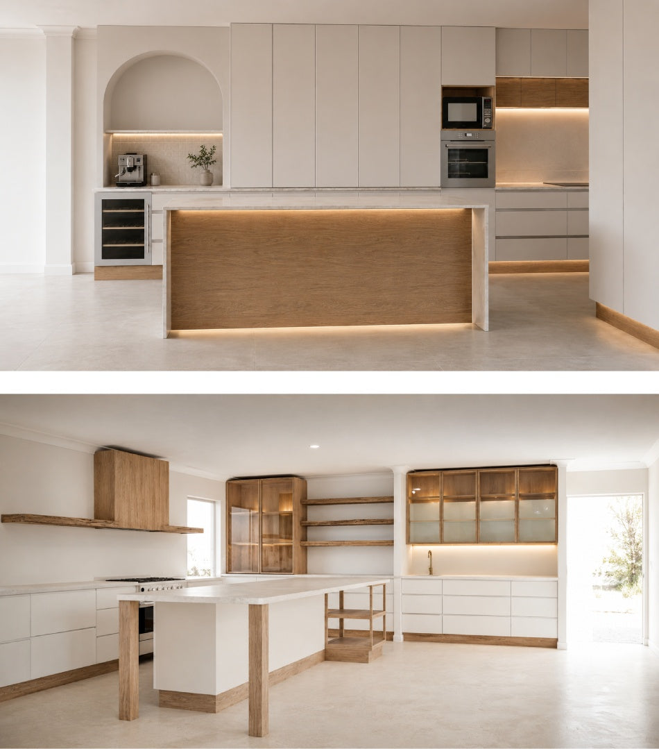 Urban Yuppi luxury contemporary kitchen pre-visualization featuring a custom curved coffee station arch stacked vertically over a modern minimalist kitchen architecture visualization with open timber shelving