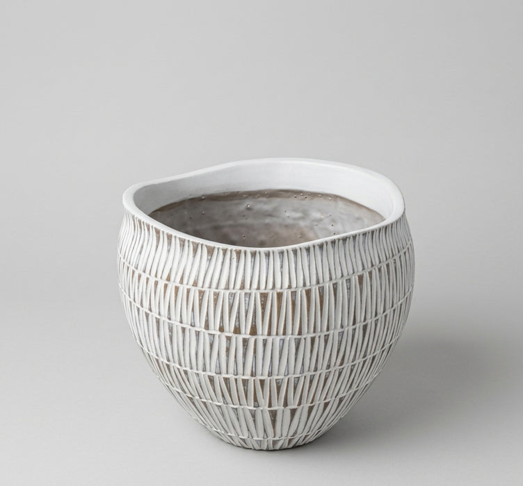 Rounded polyresin planter pot with a wavy rim, decorated in an embossed white and earthy brown geometric stripe pattern.